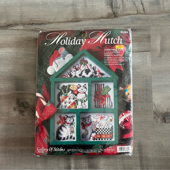 NWT Bucilla “Christmas Cats” Counted Cross Stitch Kit with Wooden Hutch Frame - Picture 2 of 8